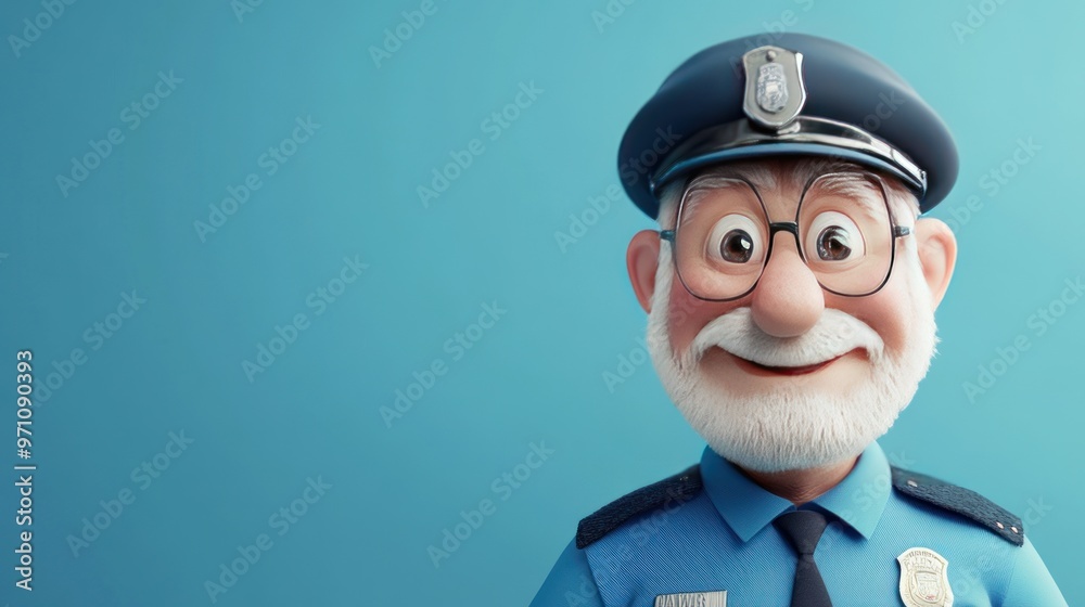 A cheerful cartoon police officer with glasses and a blue uniform smiling at the viewer. A cheerful cartoon police officer with glasses and a blue uniform smiling at the viewer.