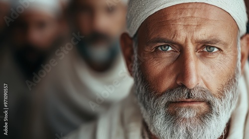 This serene portrait features a man in a white turban, conveying a sense of calm authority and peaceful confidence radiating from his steady demeanor.