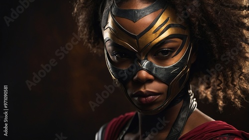 A Young African American Superhero In A Bold Costume Poses Confidently Against A Dark Background