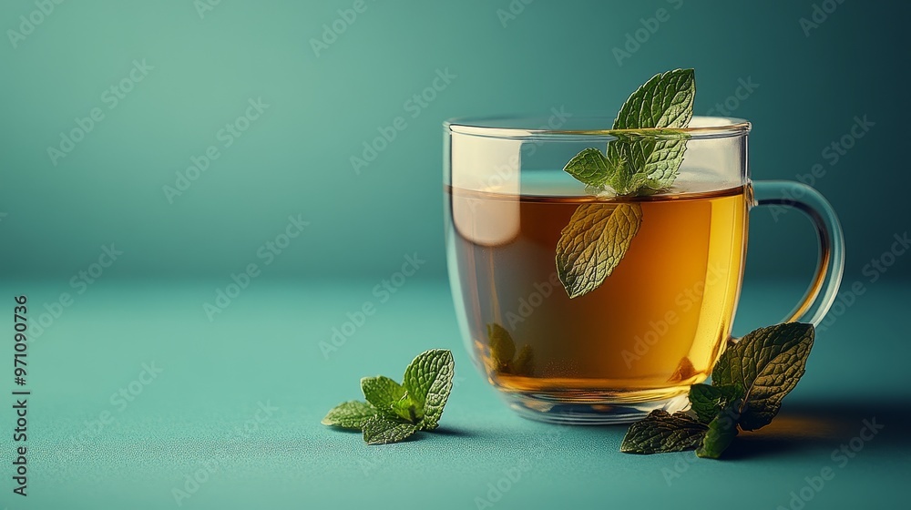 Freshly brewed herbal tea with a sprig of mint, brain-boosting beverage, calming and healthy, isolated on solid background Freshly brewed herbal tea with a sprig of mint, brain-boosting beverage, calming and healthy, isolated on solid background