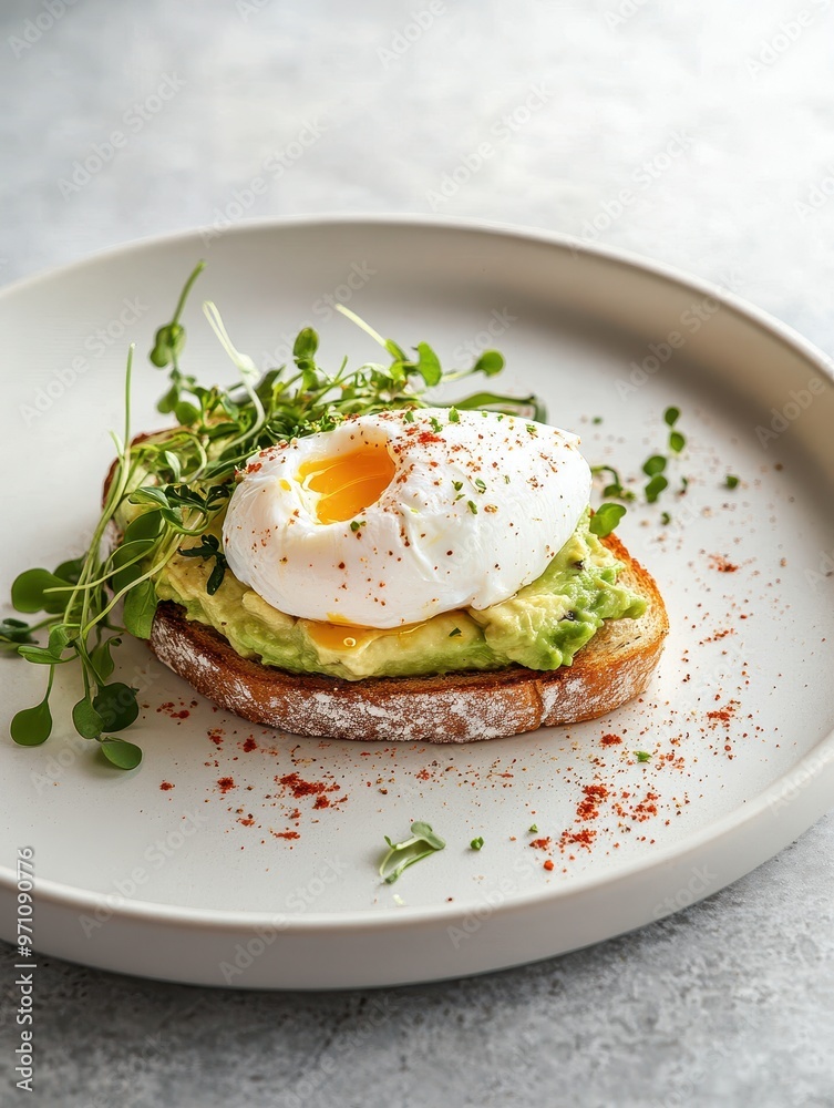 A poached egg atop avocado toast garnished with microgreens and spices.
