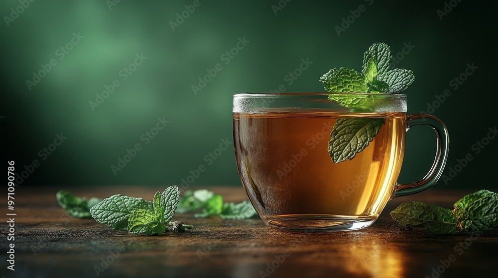 Freshly brewed herbal tea with a sprig of mint, brain-boosting beverage, calming and healthy, isolated on solid background Freshly brewed herbal tea with a sprig of mint, brain-boosting beverage, calming and healthy, isolated on solid background