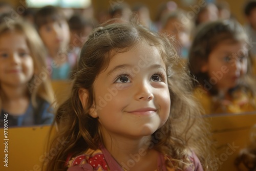 Little girl sitting on a bench and looking at the stage