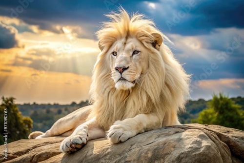 Majestic white lion with a shaggy mane and piercing gaze lounges regally on a rocky outcropping, set against a serene, sun-kissed savannah landscape. photo