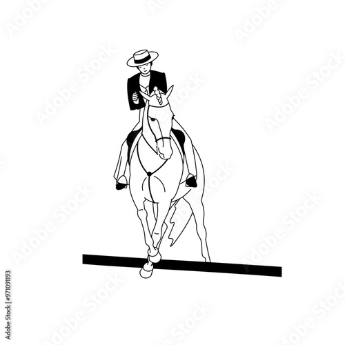 Illustration of a girl riding a horse in traditional attire with a wide-brimmed hat