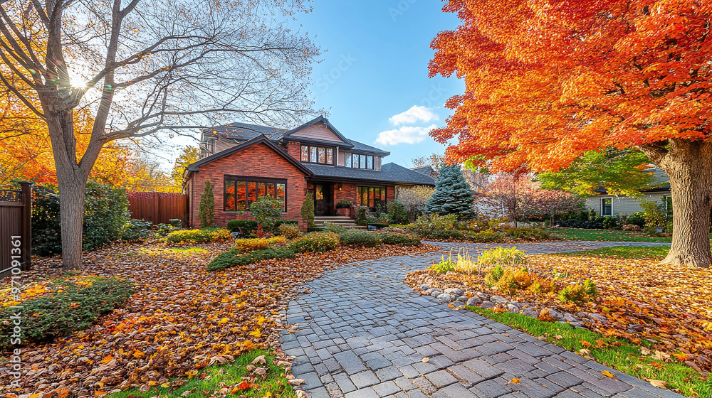 Naklejka premium A brick and wood suburban home backyard garden with colorful autumn trees