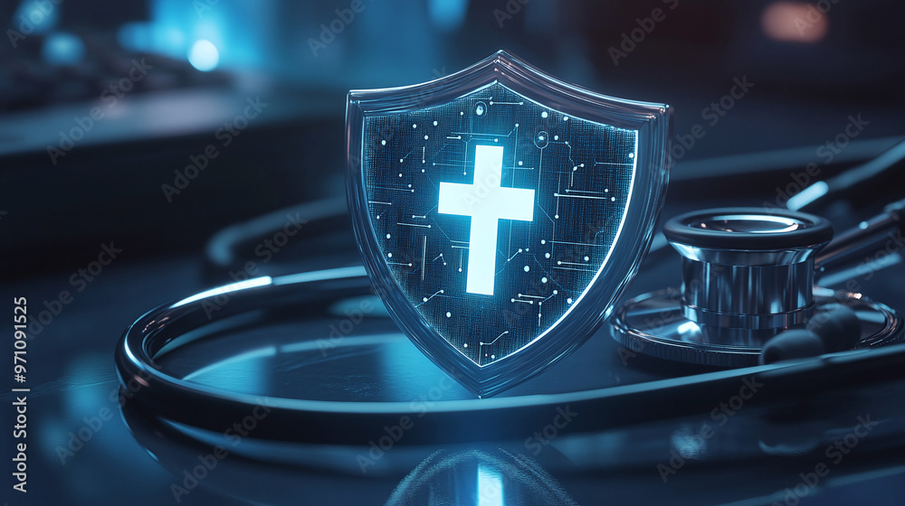 Φωτογραφία A digital shield with a medical cross symbol sits on a stethoscope, representing the importance of protecting patient data and ensuring secure healthcare practices