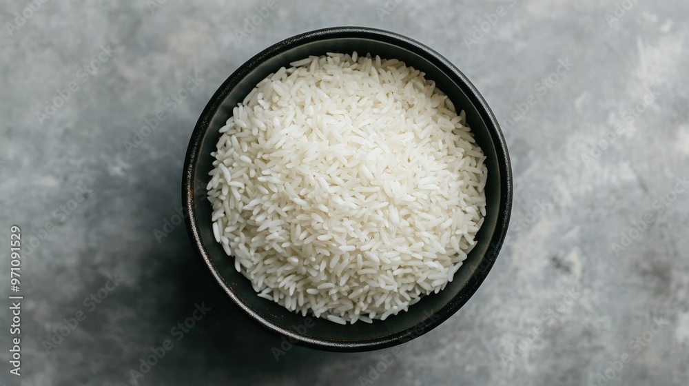 Simple and elegant top view of white rice in a black bowl against a grey backdrop, focusing on the texture and detail of the rice. Simple and elegant top view of white rice in a black bowl against a grey backdrop, focusing on the texture and detail of the rice.