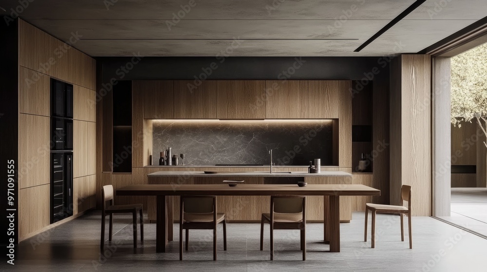 Sleek and minimalist wooden kitchen design featuring a simple table and chairs, highlighting modern elegance and functionality. Sleek and minimalist wooden kitchen design featuring a simple table and chairs, highlighting modern elegance and functionality.