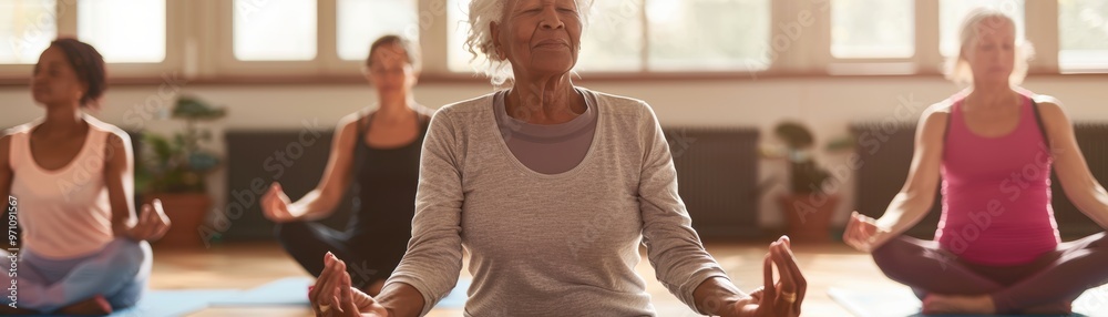 A serene group yoga session showcasing relaxation and mindfulness in a bright and peaceful environment. A serene group yoga session showcasing relaxation and mindfulness in a bright and peaceful environment.