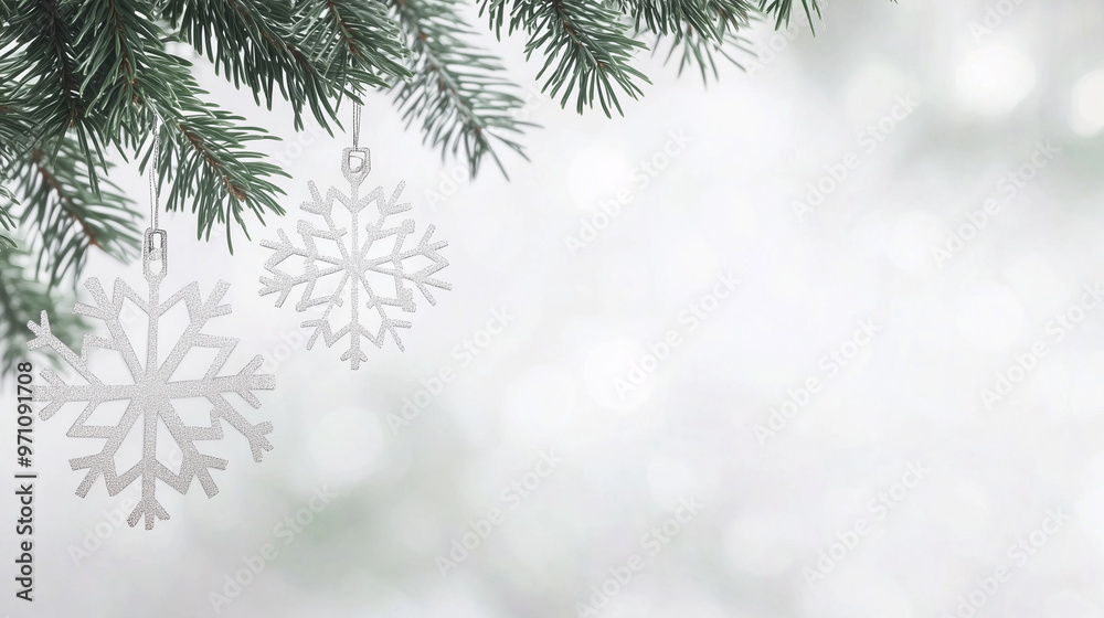 Christmas New Year snowflake ornaments hanging from pine branches on frosted winter background, copy space for text Christmas New Year snowflake ornaments hanging from pine branches on frosted winter background, copy space for text
