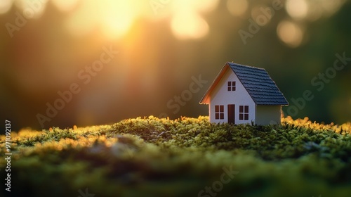 Small paper house on moss under the soft light of sunrise, highlighting eco-friendly living and sustainable design in nature.