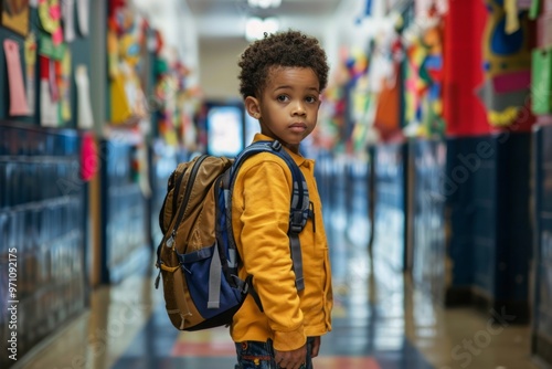 A boy wearing a backpack walks down a hallway with colorful walls