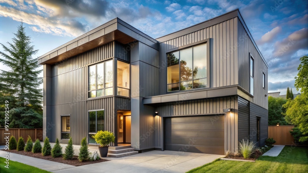Modern exterior of a single-family home featuring sleek, silver vertical metal siding panels that add a touch of industrial chic to the suburban landscape. Modern exterior of a single-family home featuring sleek, silver vertical metal siding panels that add a touch of industrial chic to the suburban landscape.