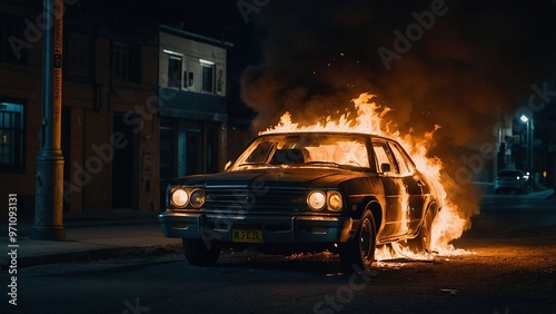 A Classic Car Burning in the Desert at Night