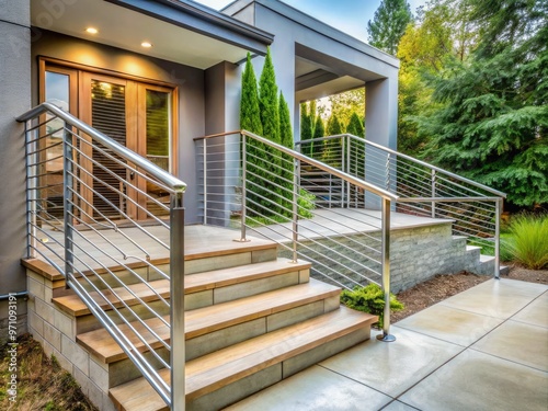 Modern silver metal outdoor railing with horizontal bars and ornate decorative posts adorns a sleek contemporary staircase leading up to a private residential entryway. photo