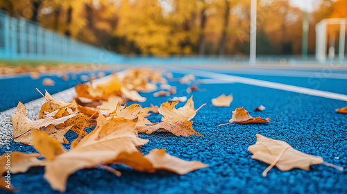 utumn leaves scattered on a running track with an empty stadium in the background, capturing the essence of the fall season in a sports setting. vibrant colors and fallen leaves add a seasonal touch photo