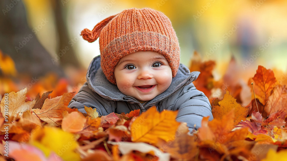 Baby in autumn leaves happy smiling to camera, kids during fall weather Baby in autumn leaves happy smiling to camera, kids during fall weather