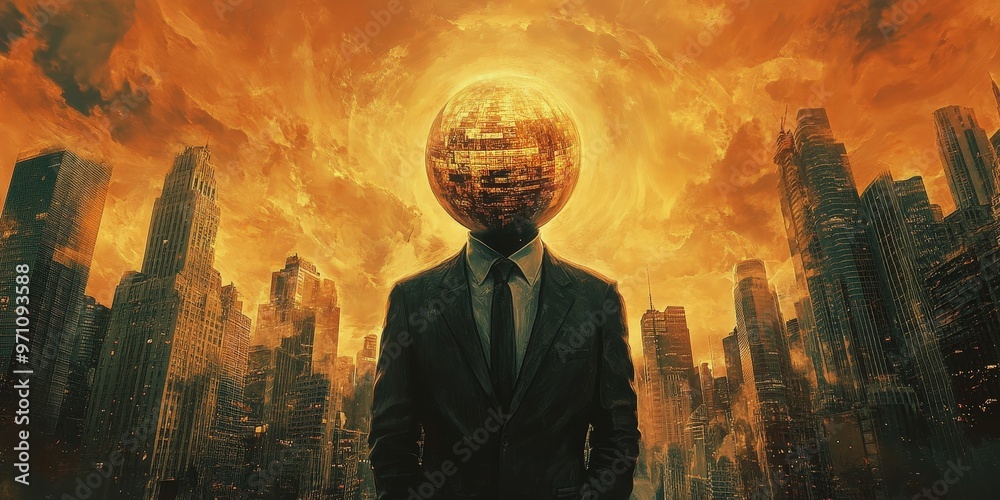 Φωτογραφία Surreal figure in a suit with a glowing orb head stands amidst a fiery skyline during a dramatic sunset in a futuristic city