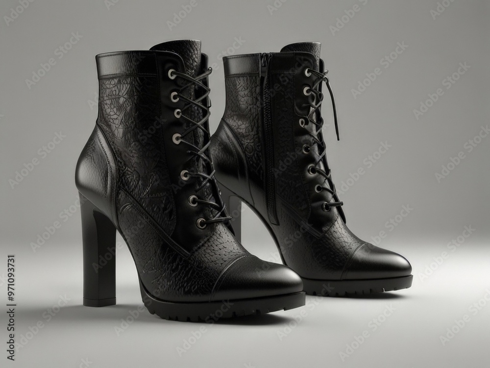 Black leather boots. A pair of high heel leather boots on white background. AI generated.