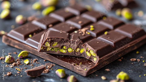 Close up of a dark Dubai chocolate bar with a bite taken from it against a blurred background, the chocolate bar is stuffed with a thick layer of pistachio filling that seeps out the sides.