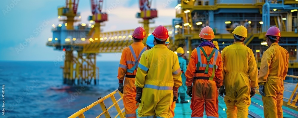 Engineers in protective gear standing on an offshore oil platform with lighting in the background. Engineers in protective gear standing on an offshore oil platform with lighting in the background.