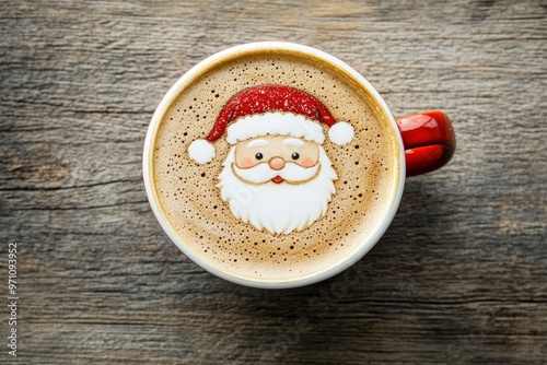 Cappuccino with a santa claus on a wooden background. Cup of latte coffee with Santa Claus shape art on foam, top view. with generative ai