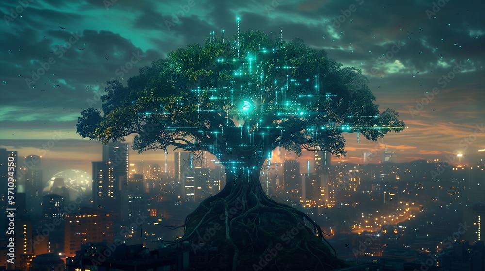 A large, ethereal tree stands illuminated against a twilight city skyline, its branches glowing with digital circuitry. The scene merges nature with technology, evoking a sense of harmony A large, ethereal tree stands illuminated against a twilight city skyline, its branches glowing with digital circuitry. The scene merges nature with technology, evoking a sense of harmony