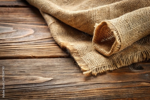 Natural beige jute fabric with coarse texture and subtle sheen, draped elegantly over a rustic wooden table, evoking earthy, sustainable, and eco-friendly vibes. photo