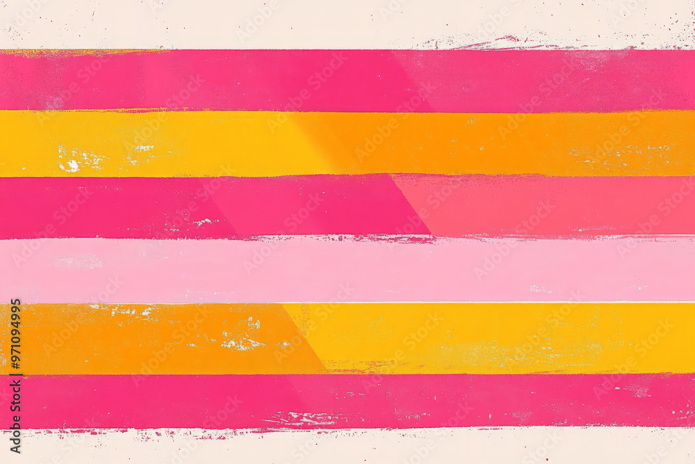 Obraz premium A bright and cheerful background with wide horizontal stripes in shades of pink, yellow, and orange. The bold colors and strong lines create a fun, energetic design, perfect for a playful, youthful