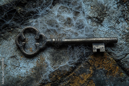 An old key lying forgotten in a cobwebcovered corner, forgotten opportunities, past left behind photo