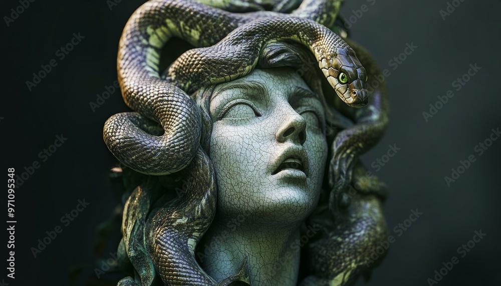 Statue of Medusa with a Snake Crown in a Gloomy, Mystical Setting Statue of Medusa with a Snake Crown in a Gloomy, Mystical Setting