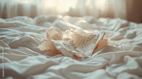 Torn love letter on an empty bed, heartbreak, emotional aftermath of love photo