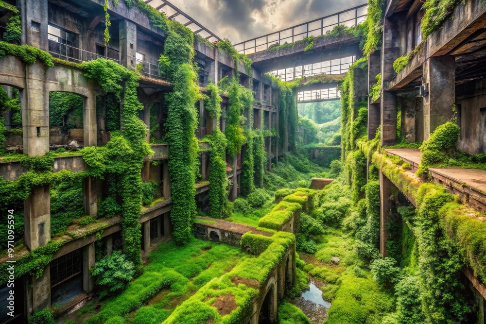 Overgrown with vines and moss, an abandoned industrial complex stands as a testament to nature's resilience, reclaiming the space with a lush, emerald-green landscape. Overgrown with vines and moss, an abandoned industrial complex stands as a testament to nature's resilience, reclaiming the space with a lush, emerald-green landscape.