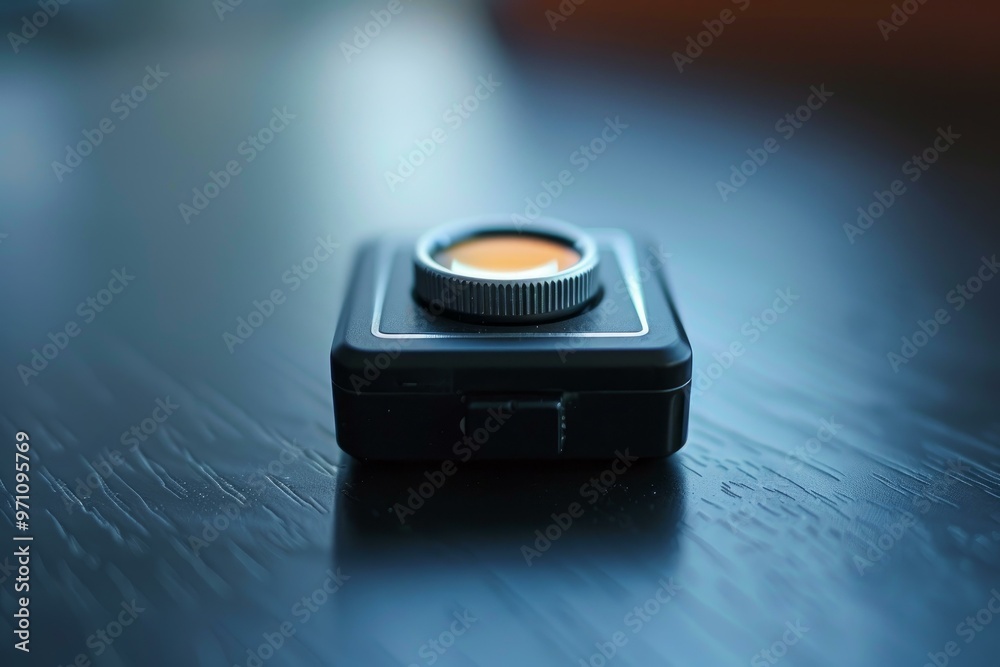 Small professional digital camera is sitting on a table, waiting to capture the perfect shot Small professional digital camera is sitting on a table, waiting to capture the perfect shot