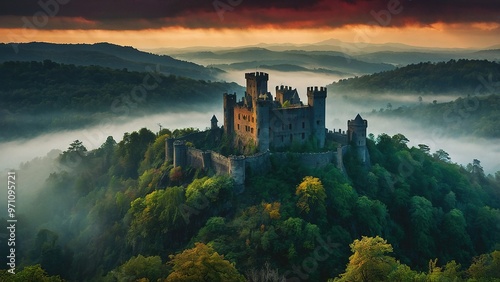 Majestic Medieval Castle Nestled Amongst Autumn Trees and Misty Mountains at Sunrise