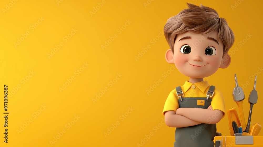 A cheerful cartoon boy stands with crossed arms beside a toolbox against a yellow background. A cheerful cartoon boy stands with crossed arms beside a toolbox against a yellow background.