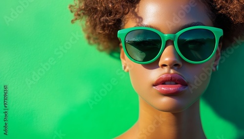 Model with Green Sunglasses Posing Against Bright Green Background