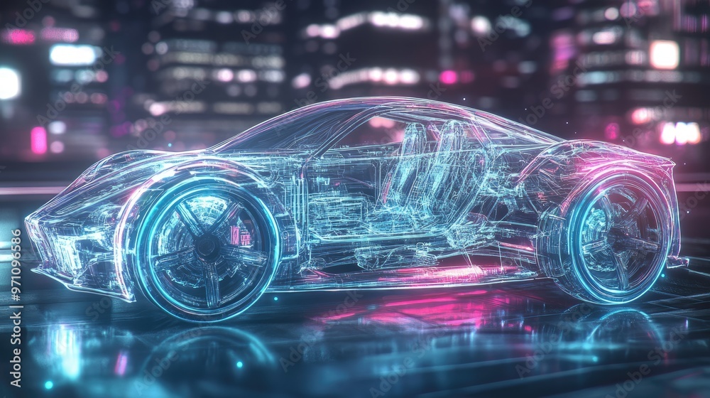 A futuristic, transparent sports car design illuminated with neon lights in a cityscape. A futuristic, transparent sports car design illuminated with neon lights in a cityscape.