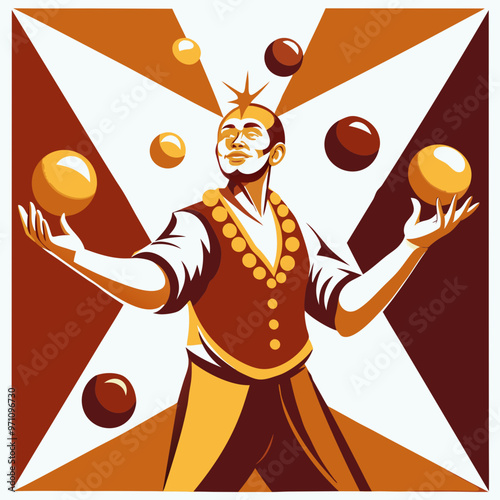 A juggler performanxe with colorful balls against a dynamic background vector illustration
