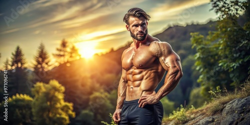 Powerful athletic male physique showcased in a natural outdoor setting, strong muscles glisten in sunlight, confidently posing in a serene and intimate atmosphere. photo