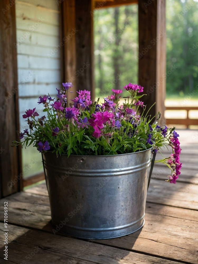Pink and purple wildflowers in a rustic metal bucket on a wooden porch. Pink and purple wildflowers in a rustic metal bucket on a wooden porch.