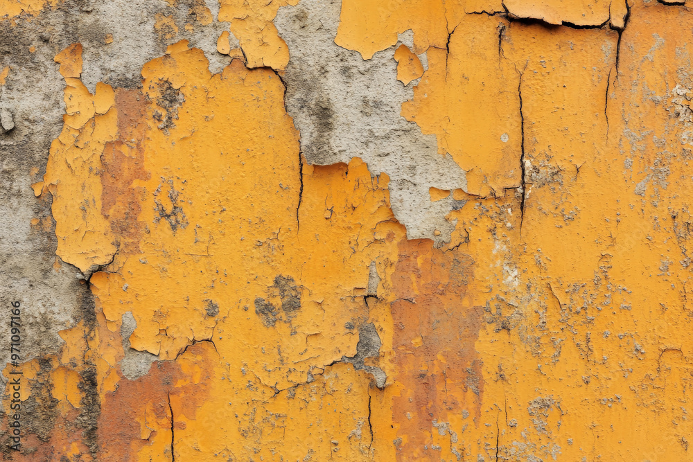 A grunge wall texture in burnt ochre, showing heavy wear with cracks, peeling paint, and corrosion.