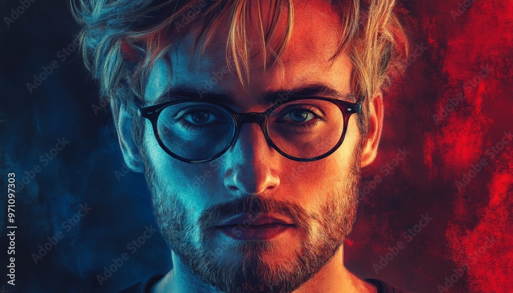 Centered Portrait with Eyewear in Red Blue Neon Light Setting Centered Portrait with Eyewear in Red Blue Neon Light Setting