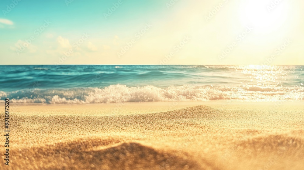 Sunny tropical beach with golden sand and a blurred blue sea, capturing the essence of summer. Sunny tropical beach with golden sand and a blurred blue sea, capturing the essence of summer.
