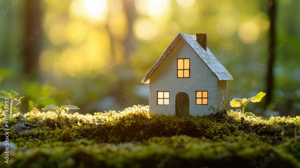 Sunrise over a paper house perched on moss, the scene promoting green living and harmony with nature in a garden. Sunrise over a paper house perched on moss, the scene promoting green living and harmony with nature in a garden.