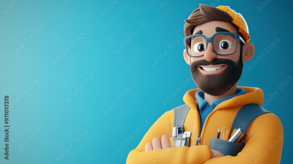 A cheerful animated character with glasses and a hard hat, dressed in work attire. A cheerful animated character with glasses and a hard hat, dressed in work attire.