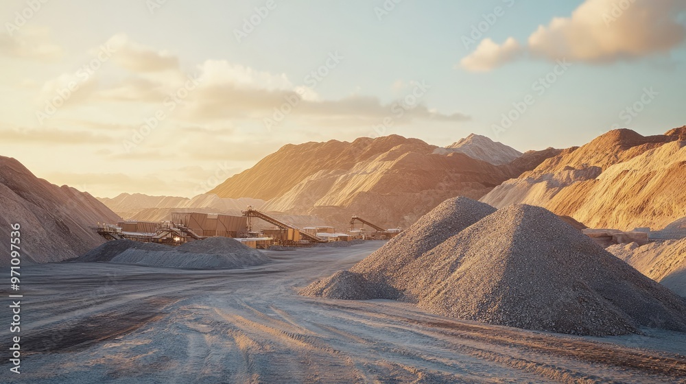 Naklejka premium Supply chain logistics in action with stockpiles of mineral resources prepared for transport under a clear sky, showing industrial efficiency.