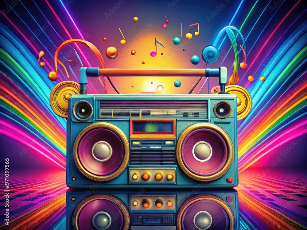 Retro cassette player with colorful buttons and dials, surrounded by vibrant music notes and stylized sound waves, evoking a nostalgic 80s and 90s vibe. Retro cassette player with colorful buttons and dials, surrounded by vibrant music notes and stylized sound waves, evoking a nostalgic 80s and 90s vibe.