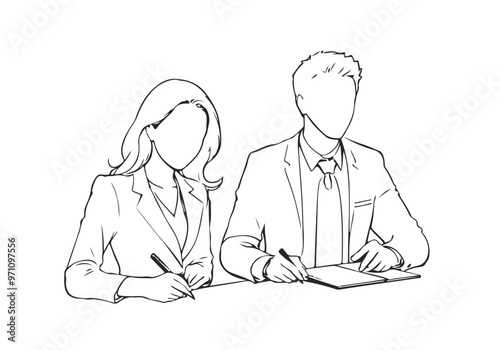 Business Group Meeting Silhouette Line Art Vector Illustration. Abstract Black Sketch Illustration of Two Businessmen for Minimalist Design.